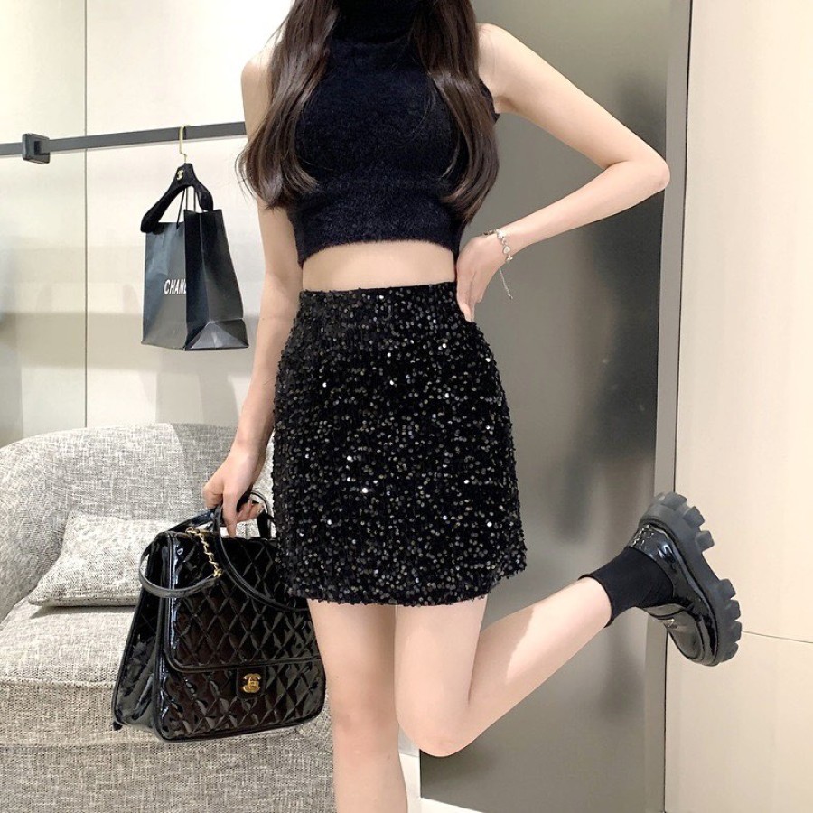 Black sequin outlet skirt knee length